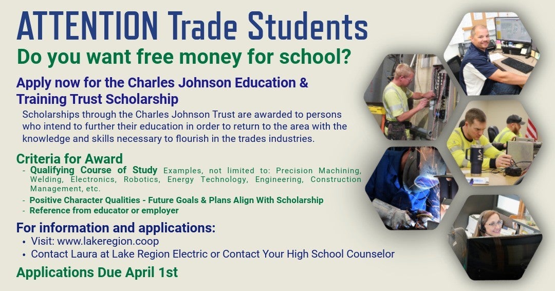 scholarship advertisement with test and photos of people working